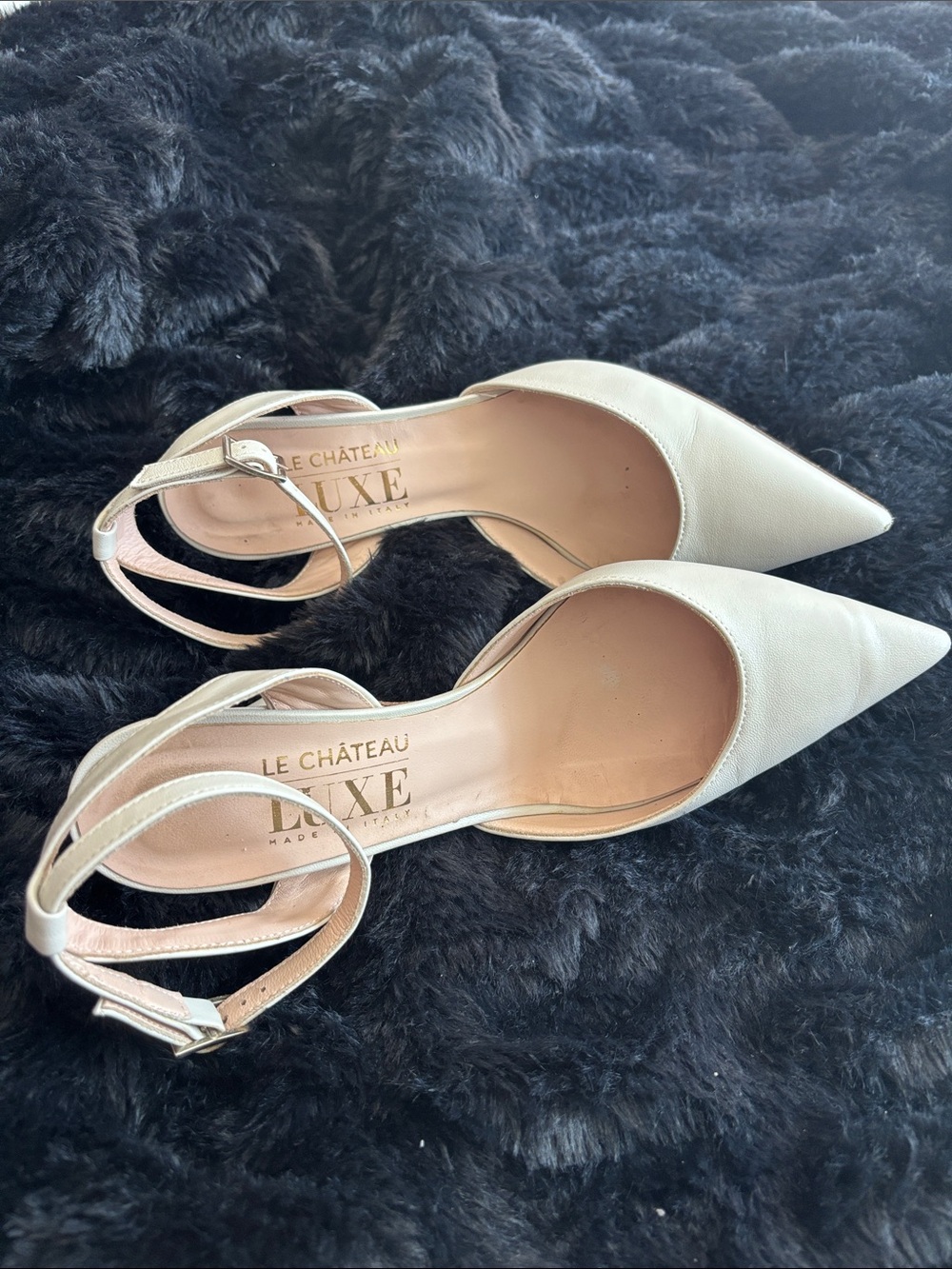 le chateau Luxe Women's Pointed Toe Ankle Strap Heels in Ivory